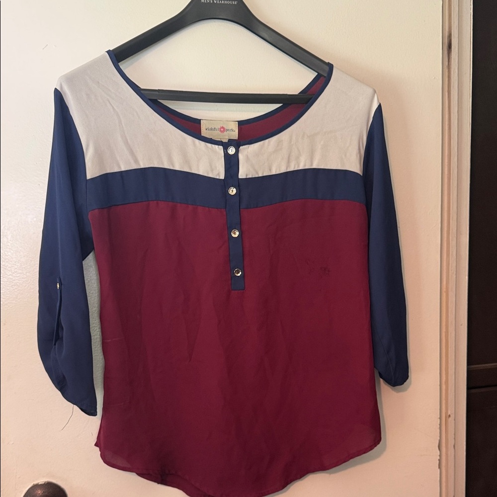 New Directions Burgundy and Blue Button-Up Blouse